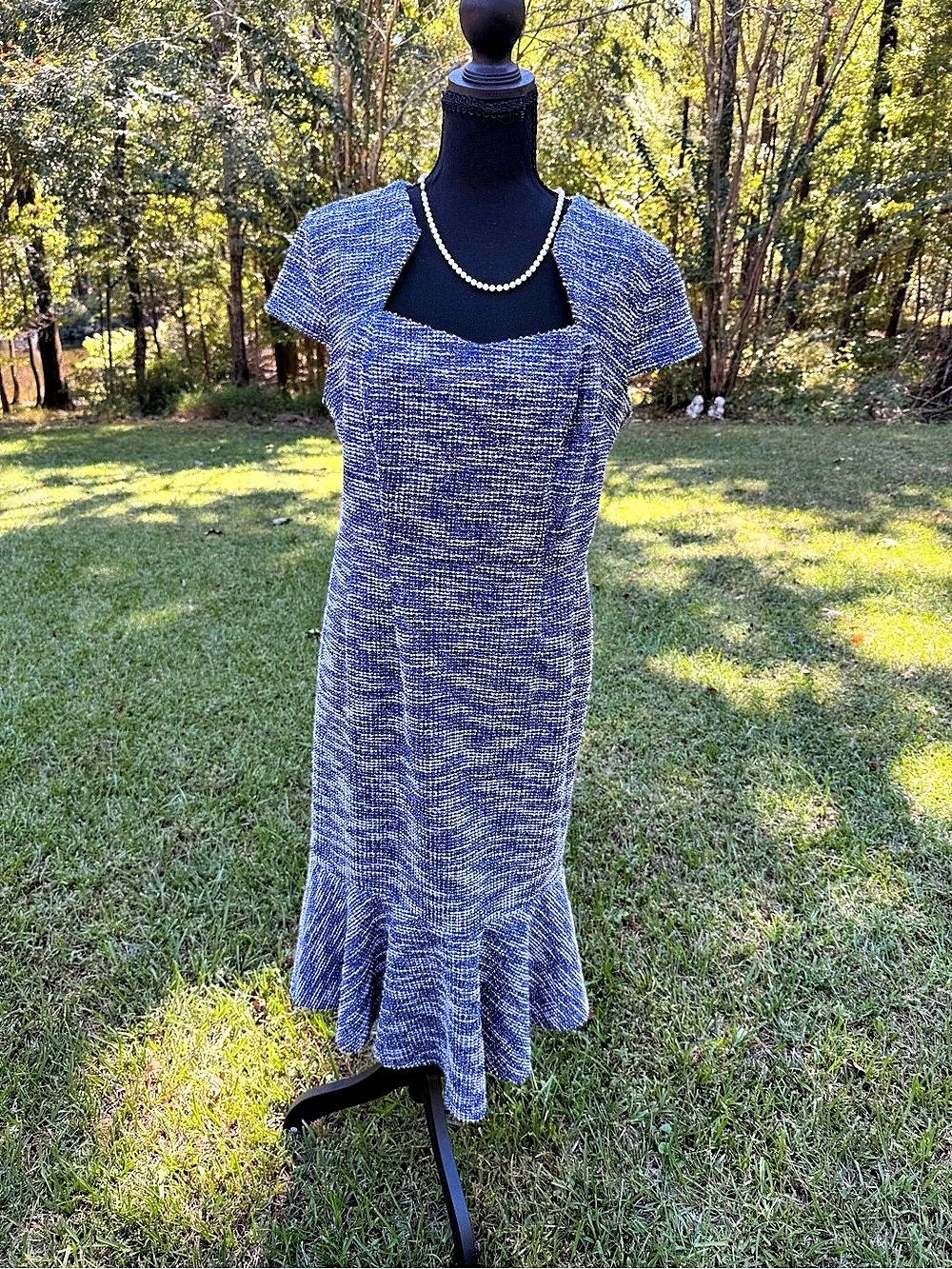 Grace Karin Blue Tweed Bouclé Sweetheart Portrait Neck Flounce Mermaid Dress L